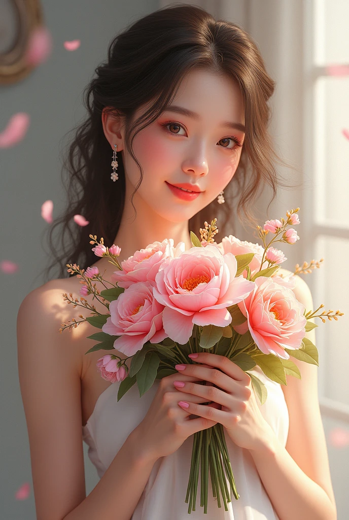 Beautiful girl holding flowers 
