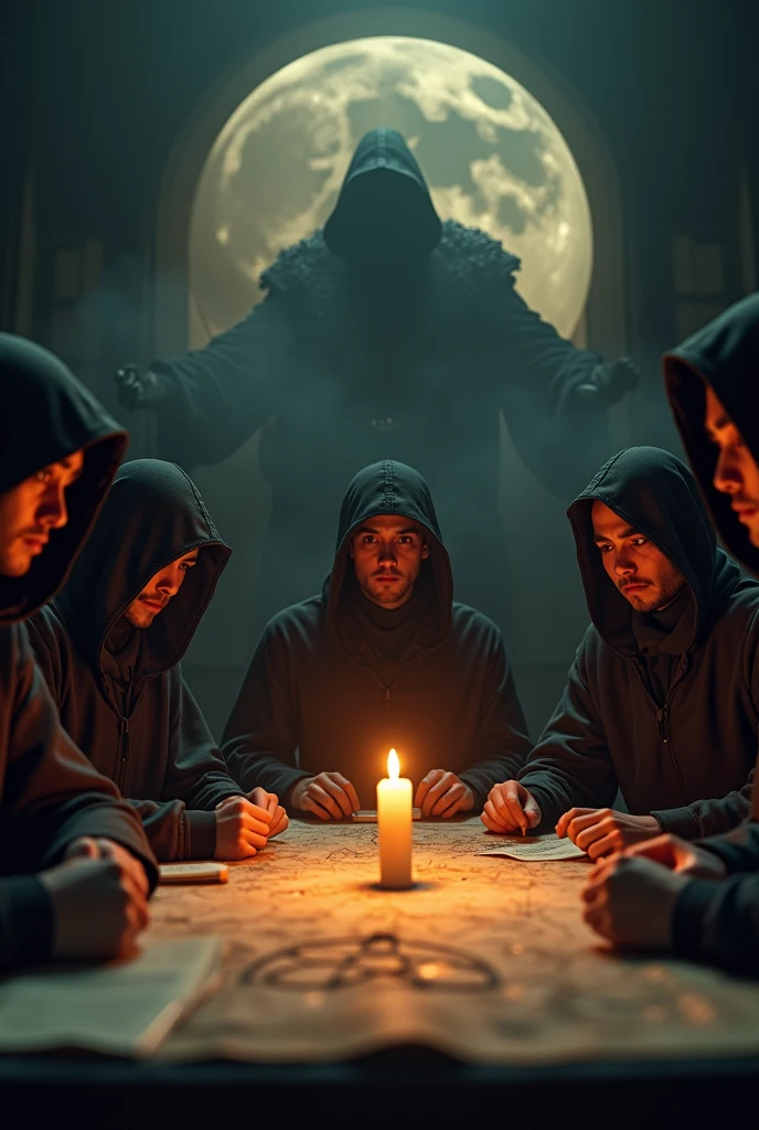 Close-up shot, Low angle shot, a candlelit room where five asian man sitting, their faces serious and determined, wearing culthu robe with hood, the table covered with maps, books, and a glowing mysterious symbol. in the background representing the Illuminati’s influence. The contrast between the calculated plotting and creates a sense of tension and mystery, leaving the viewer questioning the true nature of the Illuminati.) unreal engine, cinematic, hyper-real, highly detailed, Ultra realistic HD --q 2 --v 6.1 --ar 9:16