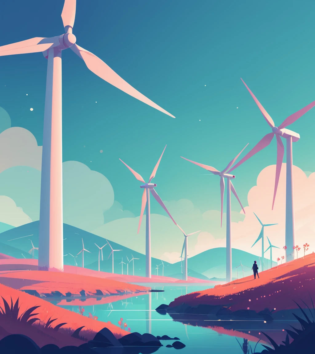 concept art in the style of James Gilleard, illustration of an illustration, Scaly, at Wind farm, Bokeh, by Zhichao Cai, Romantic, Excessivism, inspired by Atey Ghailan, james gilleard artwork . digital artwork, illustrative, painterly, matte painting, highly detailed