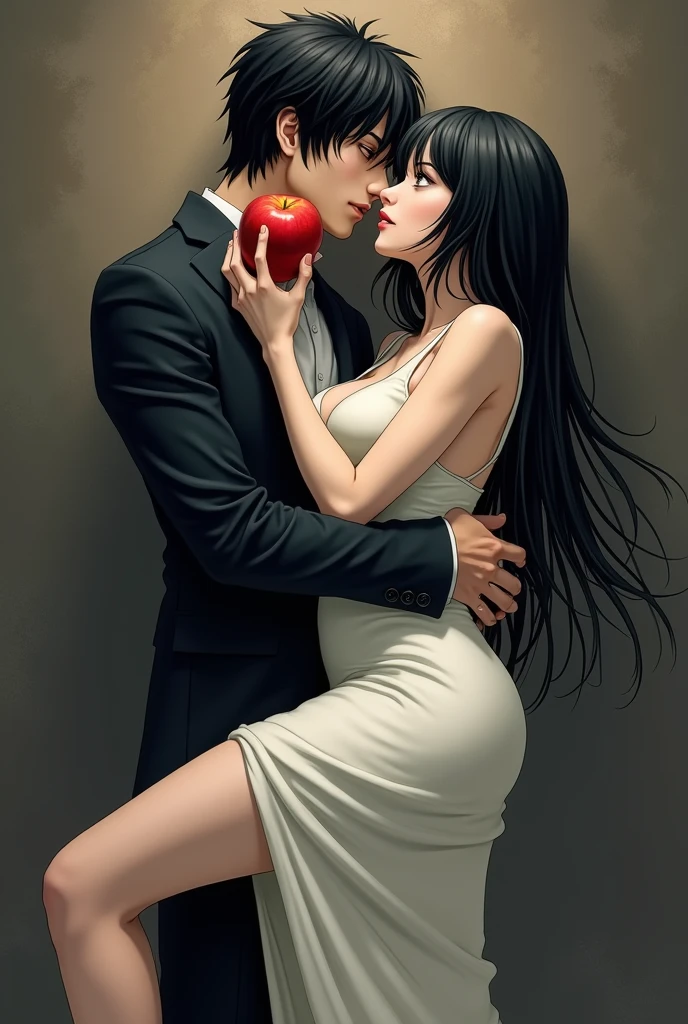 Light yagami death note , holding a girl with long black hair and brown eyes and white skin, which wears a white dress tight to her body, long and open one of his legs , while holding her by the hips forcing her to eat a red apple , in a rather seductive way
