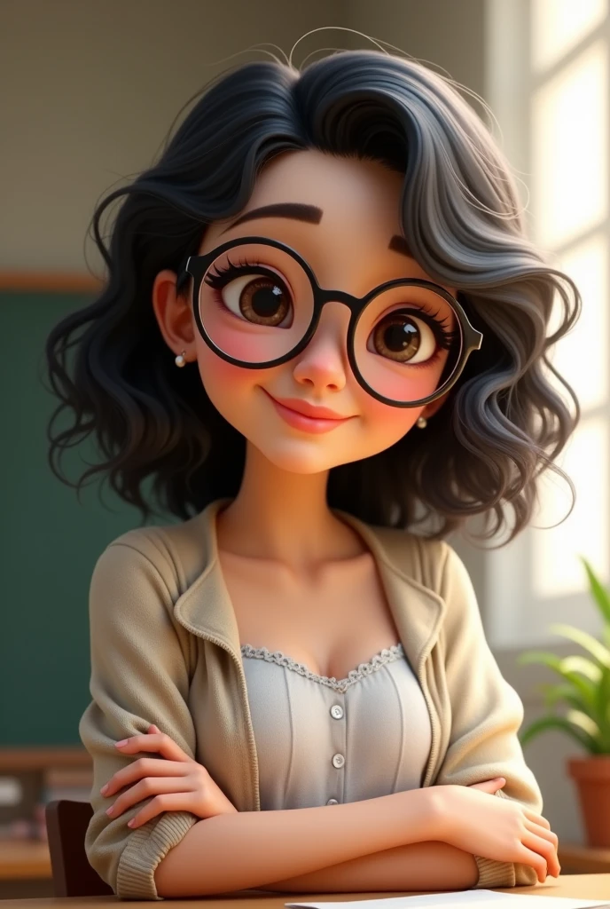 Cute teacher, slim figure, wearing round glasses, mid length black curly hair, semi hooded eyes, smiley face