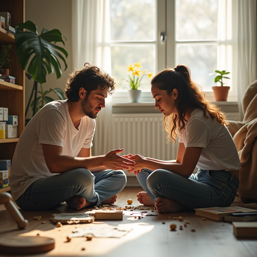 Photographs,One man and one woman,Two people sitting on the floor playing games,Don't get too close to each other.,There are books and small toys on the floor,Realistic characters,European and American Characters,Bright environment