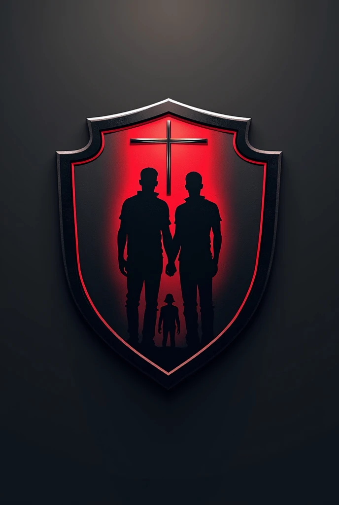 Tim esports logo, Shield-shaped logo with clean, modern lines. In the center of the shield, there is a silhouette of two people standing side by side, symbolizes a couple. Behind them, there is a faint shadow of a third figure, whose position is slightly lower and seems to be trying to peek or get closer to the couple.Around the shield, There are bold line accents that give a strong and sturdy impression.. The main color can be predominantly black or metallic gray., with a red accent for the large cross above the third figure, signifies rejection and assertiveness. This logo is created without too many small details to keep it looking clean and easily recognizable., like the logos of big teams.The 'Anti-Hero' name text can be added below or around the shield in a bold, modern font., ensuring that this logo remains professional and solid looking.