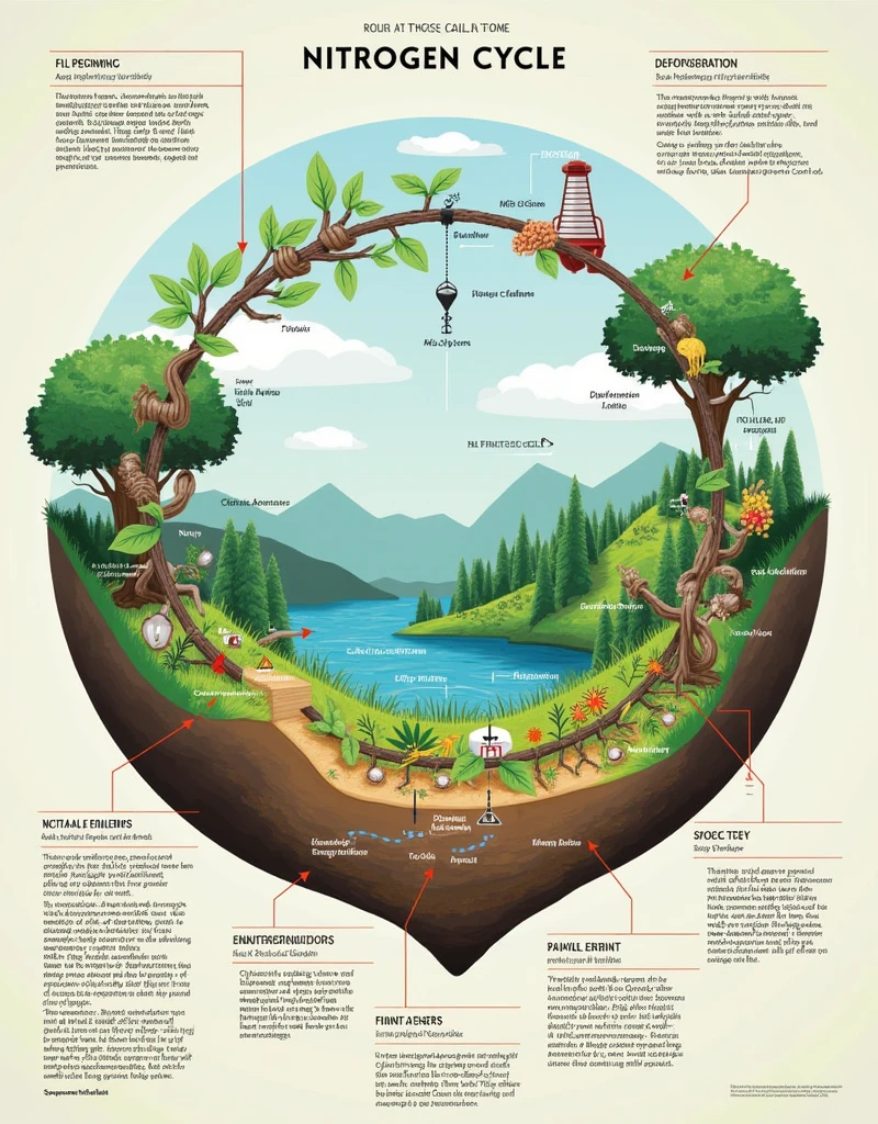 Diagram of the nitrogen cycle with indications of the impacts of fertilizers, fuel burning and deforestation.

