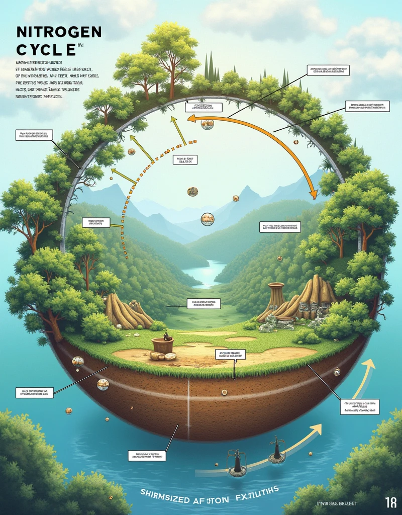 Diagram of the nitrogen cycle with indications of the impacts of fertilizers, fuel burning and deforestation.