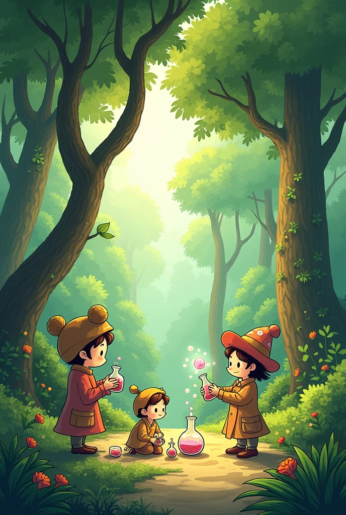 Hand-drawn characters with environmental chemistry and camphor tree motifs