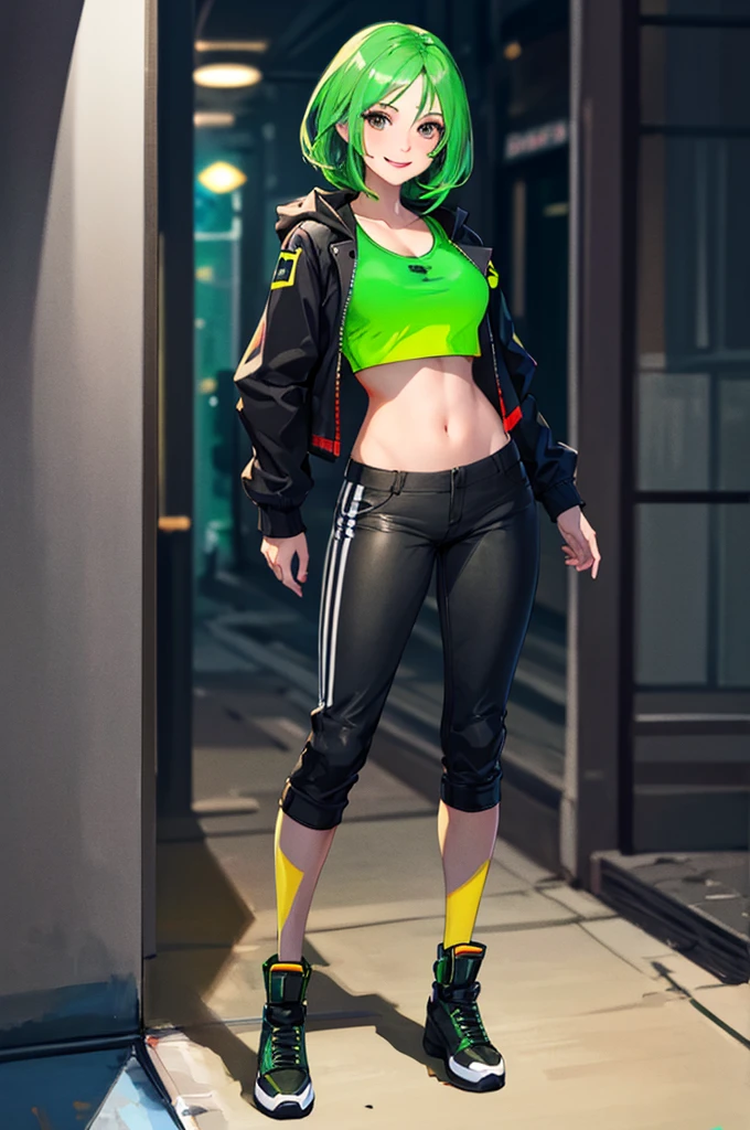 high quality, subsurface scattering, chromatic lighting,
colorized, green + white limited color palette,
detailed concept drawing,
Street girl, full body, no weird things or color on her face,
portrait, 20yo 1girl, medium soft breasts, slender, crop top, jacket, combat pants, long green hair, black eyes, posing, smiling