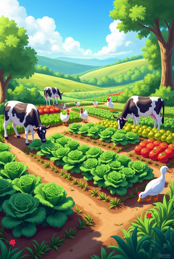 Vegetable garden,there are cows,chicken,kambing,duck