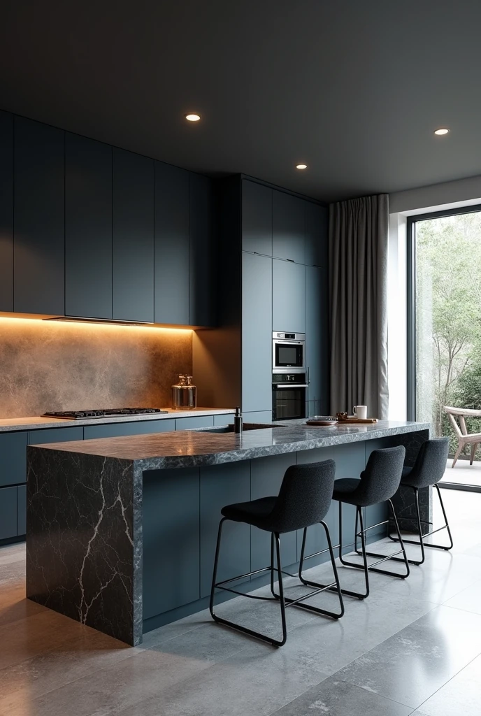 Professional 3d architecture rendering design of modern and minimal kitchen with  so dark vintage blue  and dark beige cabinets and modern windows and  so dark gray marble slab stone island and  black modern dark silver chairs and modern ceiling lighting and 