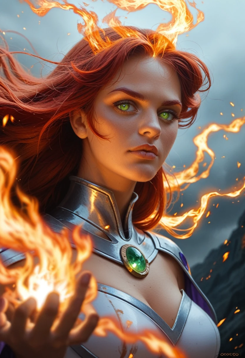 a close up of a person with a fire and flames on their body, she has fire powers, appears as the fire goddess, starfire, electric woman, portrait of ororo munroe, x-men storm, goddess of lightning, she is attracting lightnings, fire goddess, glowing aura around her, the sorceress casting a fireball ,Black vortex storm 