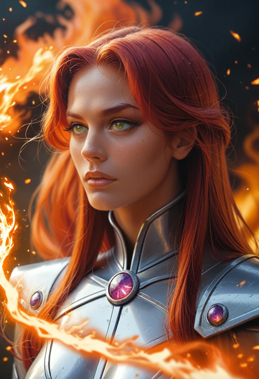 a close up of a person with a fire and flames on their body, she has fire powers, appears as the fire goddess, starfire, electric woman, portrait of ororo munroe, x-men storm, goddess of lightning, she is attracting lightnings, fire goddess, glowing aura around her, the sorceress casting a fireball ,Black vortex storm 