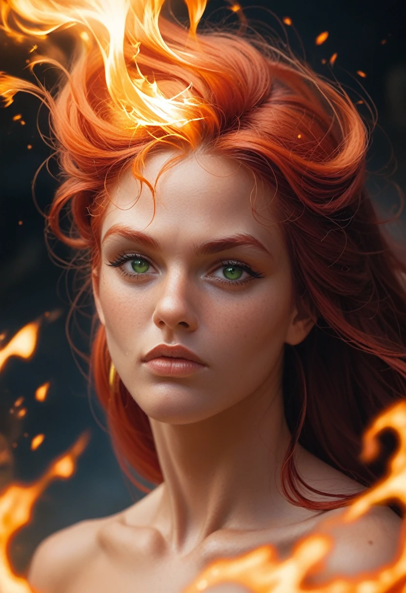 a close up of a person with a fire and flames on their body, she has fire powers, appears as the fire goddess, starfire, electric woman, portrait of ororo munroe, x-men storm, goddess of lightning, she is attracting lightnings, fire goddess, glowing aura around her, the sorceress casting a fireball ,Black vortex storm 