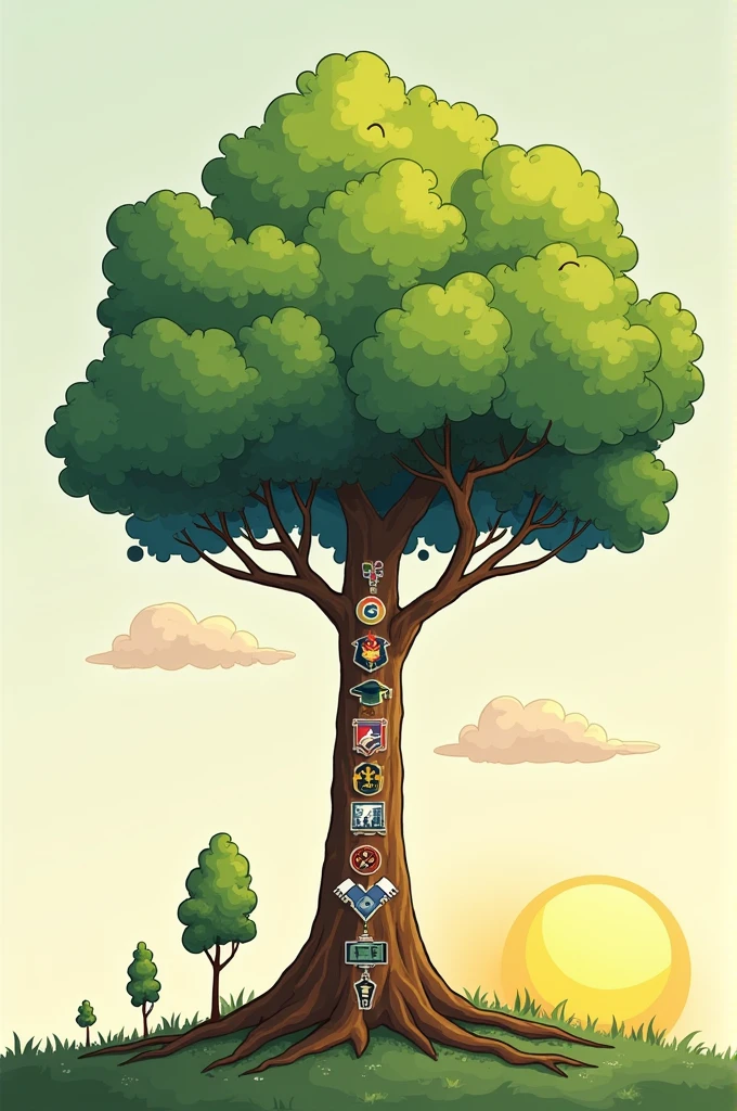 Imagery: Picture a large, robust tree with different branches representing various life stages. The base shows a small seedling, gradually growing into a young sapling, then a mature tree with a full canopy. Along the trunk, there are subtle symbols or icons (like graduation caps, family photos, or career tools) (make the icons visible and clear for better representation and make it like a logo or cartoon sketchy) indicating different milestones.
Setting: The scene is set in a serene environment with the sun rising in the background, symbolizing new beginnings, and gentle clouds representing challenges and support.