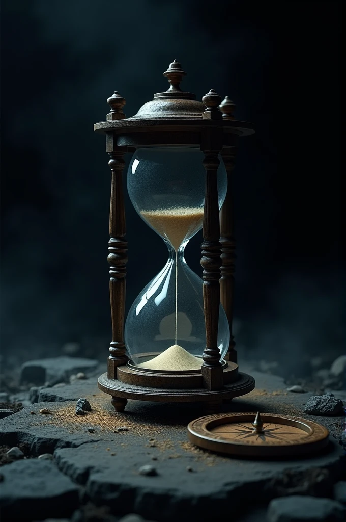 Black background with an hourglass and a compass
