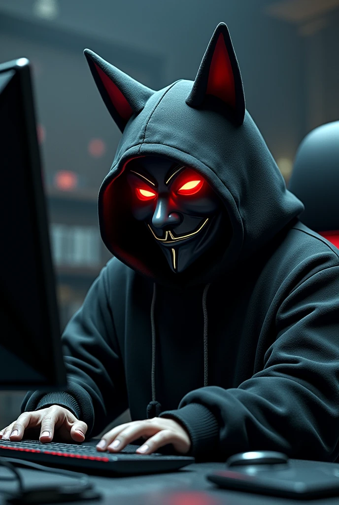 He is a stocky man in a black hooded sweater sitting using his hacker computer wearing a V for Vendetta mask with red eyes with black pupils and large cat ears. 