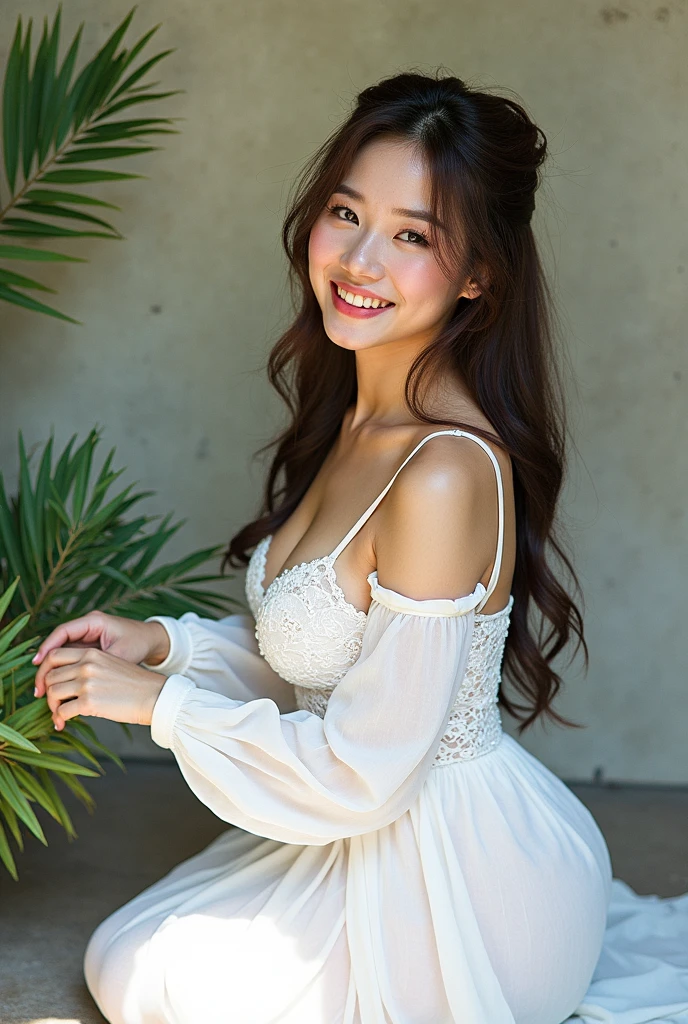 (Highest quality:1.4),(masterpiece:1.4),(Realistic:1.4),(Realistic:1.2),(超High resolution, RAW Photos:1.4),(High resolution, Very detailed:1.2),(8k:1.2),photograph,(Shot from behind:1.3)、Korean women、brown hair photos,One Woman,alone,(In underwear),Very large breasts,((Thigh to head shot:1.3))、(((topless、You can see her large breasts from the side.)))、((Toothy smile))、((Very large breasts:1.4))、Realistic skin textures、Slightly freckled、Slender figure、Realistic skin textures、((background,Concrete wall:1.3)),(topless,The breast is visible from the side:1.6),(Long lace slip,White)、3 woman、The angle at which the nipple is not visible、((Updo long hairstyle))、((Black,Long lace slip:1.4))、Correct toes、Detailed facial features、Kneeling pose on the floor、Hands on the floor、Long slip covers the buttocks and soles of the feet、Long slip covers your butt、