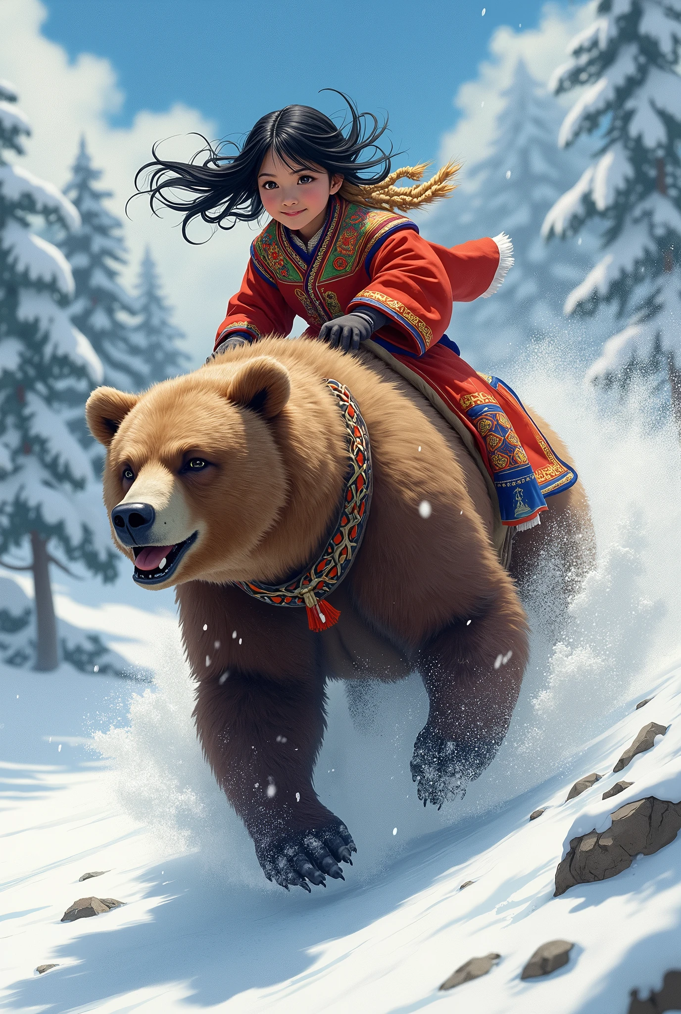 girl\(long black hair, Ainu folk costume, smiling\) sitting on a big brown bear running at great speed through the wilderness\(snowy mountains\) of Hokkaido,dynamic camera angle, powerful composition, concentrated lines, scattered snow,great land scape