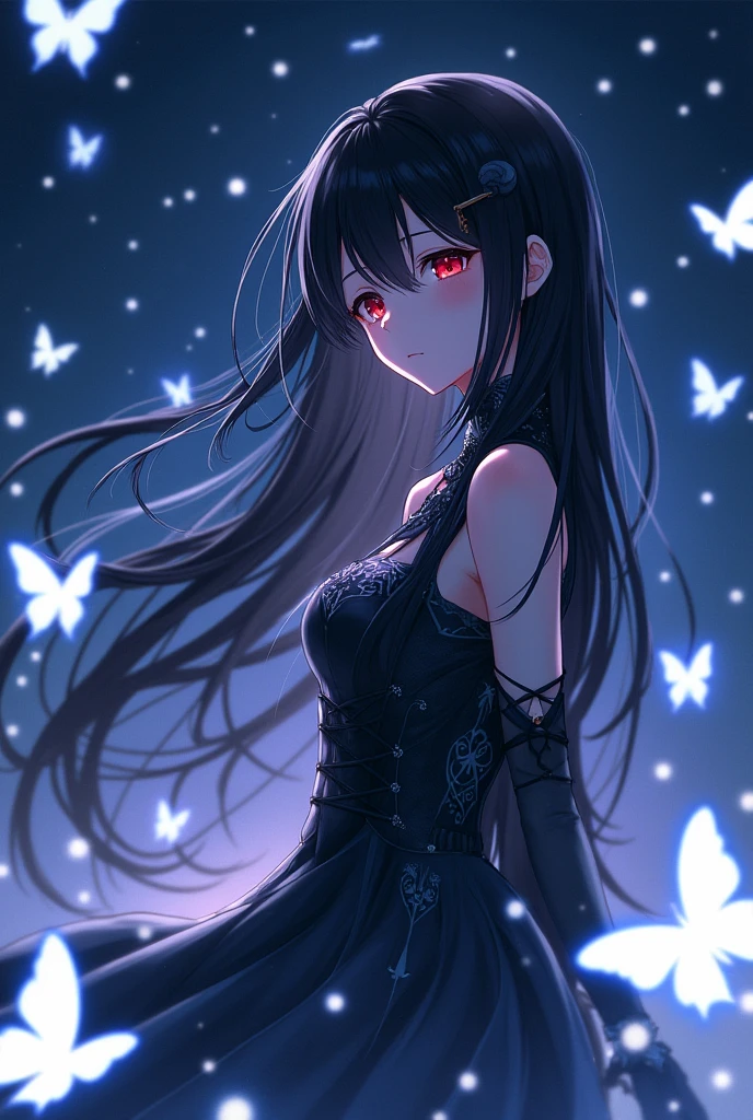 (Masterpiece),(4K Anime),High quality,1 woman,((long black hair)),red eyes,Black clothes decorated with white,Many glowing white butterflies, night sky,High imagination,Anime art wallpaper 4k, Beautiful anime artwork, Beautiful anime art, beautiful fantasy anime, Beautiful digital artwork,(high contrast), Equally beautiful,movie light,Glance to the side,from the side,cowboy shoot