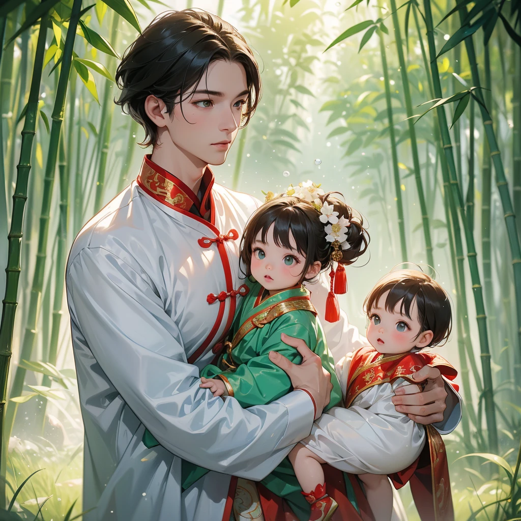 A one-year-old baby boy in an ancient Chinese baby costume with his beautiful mother, dressed in an white ancient Chinese costume, playing with each other, with his handsome father standing next to his mother, close up.
The back is a lush green bamboo forest. The air after rain has water droplets splashing around.