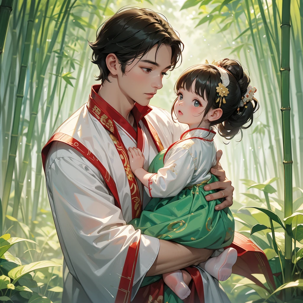 A one-year-old baby boy in an ancient Chinese baby costume with his beautiful mother, dressed in an white ancient Chinese costume, playing with each other, with his handsome father standing next to his mother, close up.
The back is a lush green bamboo forest. The air after rain has water droplets splashing around.