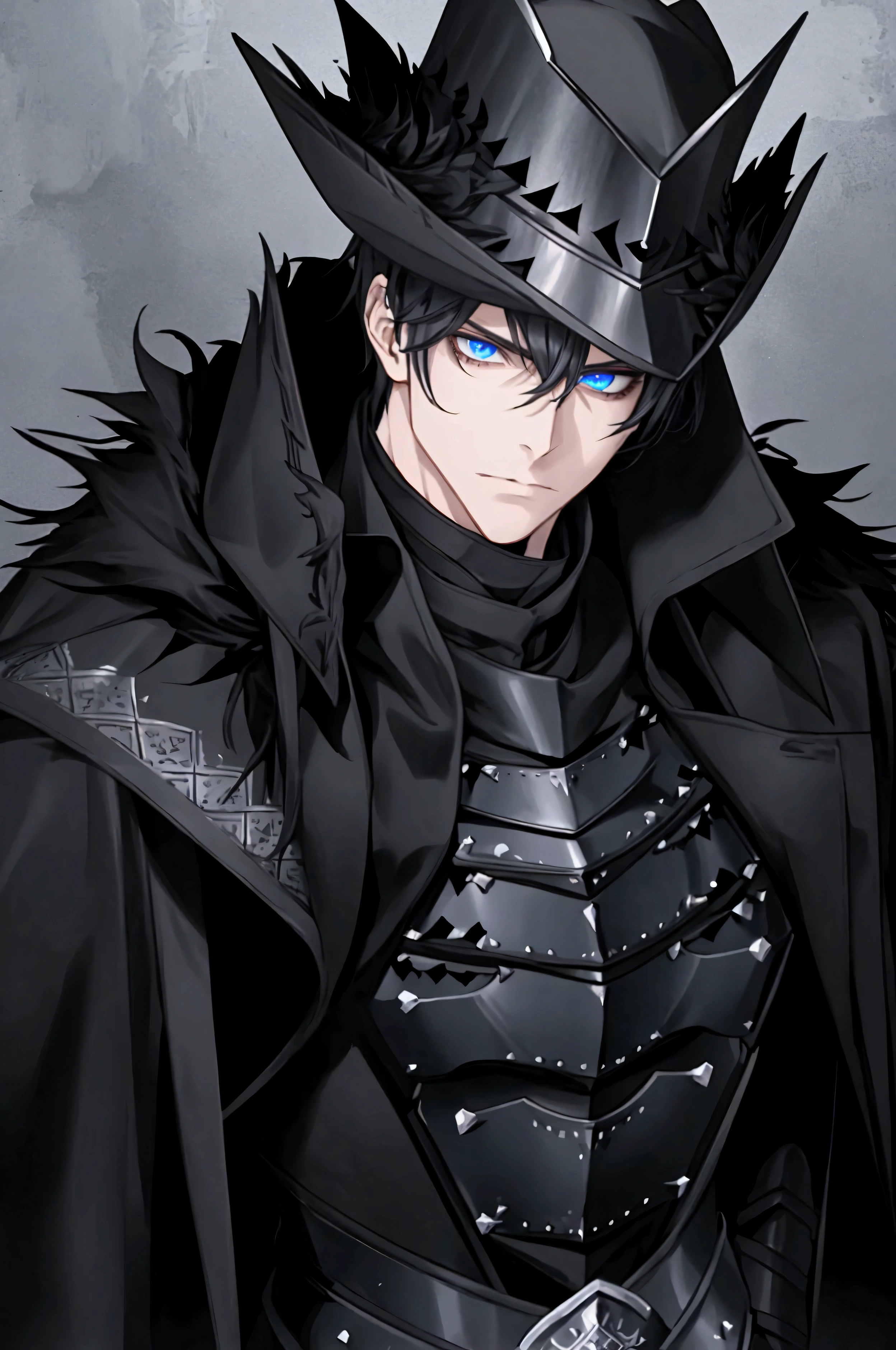 White Knight ((Male)) One short-haired guy, Wearing heavy black armor((Black Armor)),black top hat,((black long coat)), ((all black)), (blue eyes) , handsome , Facial expressions,Black sword handle, black knight armor , black fur shawl(Masterpiece,best quality,special, (Broad shoulders)) (muscle) ,มีblue eyesถือดาบยาว