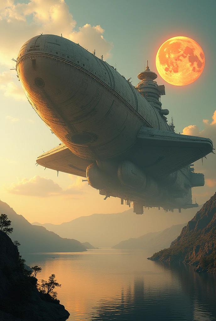 Huge spaceship flying in the sky, Detailed crashed spaceship, Detailed spaceship, movie「Dune」Spaceship, Derelict spacecraft, flying scifi vehicle, レトロなSF Spaceship, Very detailed, Ancient crashed spaceship, SF Spaceship, Fallout Airplane Concept Art, 古代Spaceship、lake、Two Suns