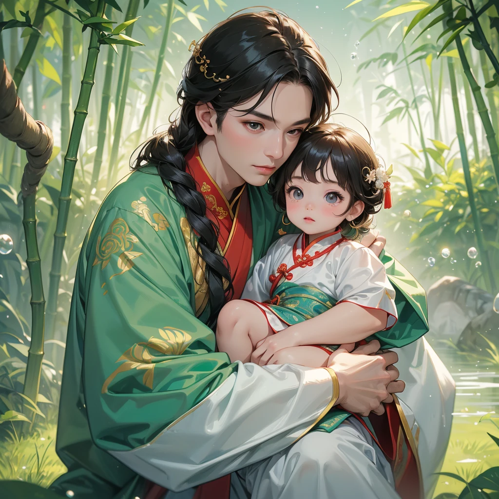 A one-year-old baby boy in an ancient Chinese baby costume with his beautiful mother, dressed in an white ancient Chinese costume, playing with each other, with his handsome father standing next to his mother, close up.
The back is a lush green bamboo forest. The air after rain has water droplets splashing around.