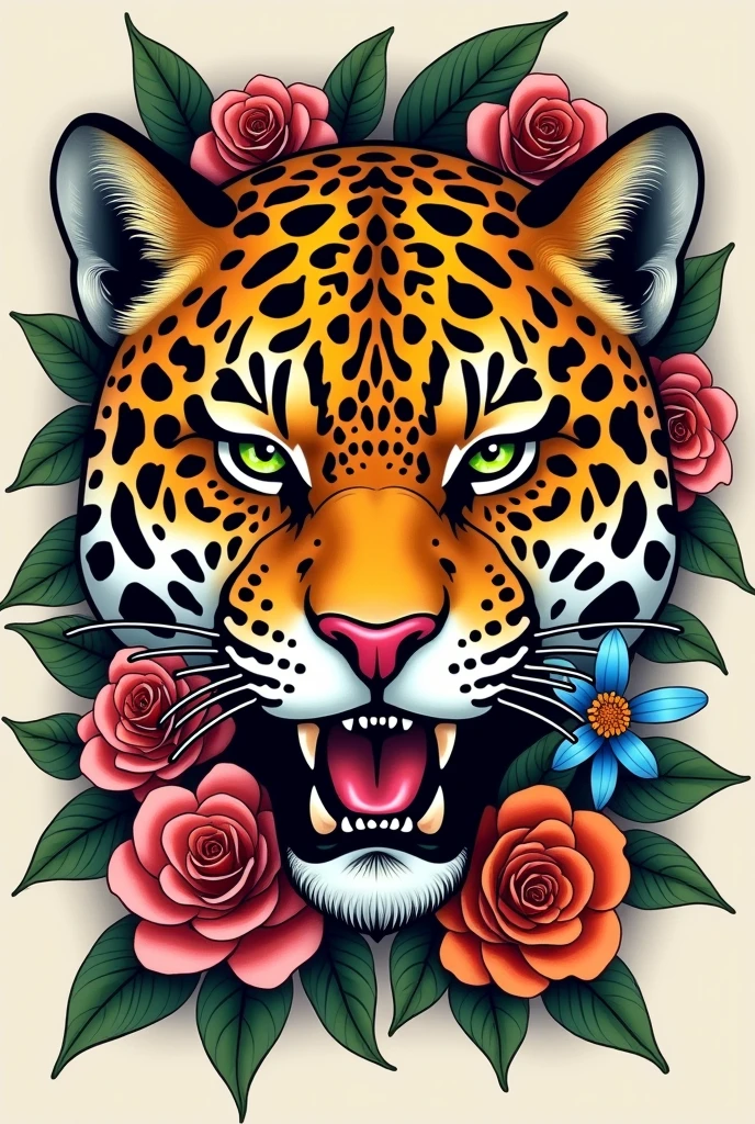 A tattoo of a jaguar's face with a striking look and flowers