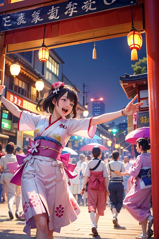 (Japan Bon Odori,最高masterpiece,Highest quality), Hot August,Bright vibrant anime art,People of all ages and genders dance and dance, Dancing in yukata,Laughing and dancing, Showing white teeth,Men and women dance in a circle, masterpiece,Highest quality,High resolution,