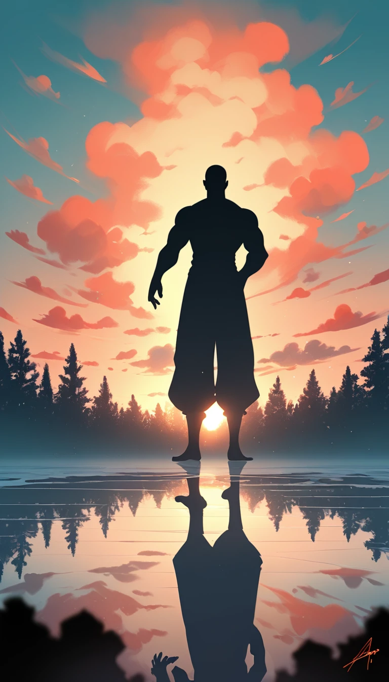 A Strong Buddhist muscular man stands in the smoke, Black jumpsuit, Very tight, Silhouette effect, Tall muscular man, Priapus, Dark Black, Dark black skin, Buzz Cut, His muscles are very developed, Very tall, short hair, Blend into the smoke, Lake, Reflection, Sunset, Big Tree, Falling Flowers, Sunset, Man silhouette, Chinese, black and white, Simple style