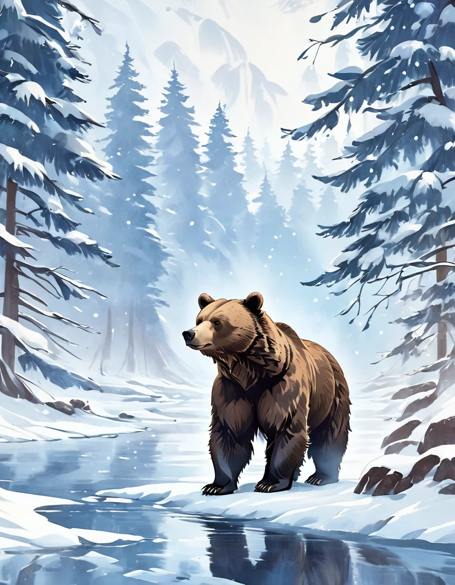 Ink style，A brown bear stands on the bank of a forest river，Striking a threatening pose,Snow Fairy Tale