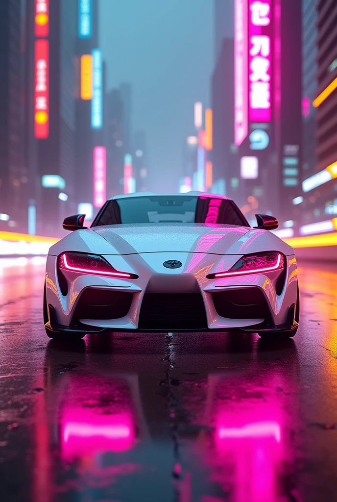 A white Supra MK5 in a cyberpunk city and yellow and pink neon lights and glowing her headlight in pink colour