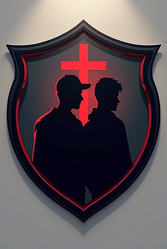 Tim esports logo, Shield-shaped logo with clean, modern lines. In the center of the shield, there is a silhouette of two people standing side by side, symbolizes a couple. Behind them, there is a faint shadow of a third figure, whose position is slightly lower and seems to be trying to peek or get closer to the couple.Around the shield, There are bold line accents that give a strong and sturdy impression.. The main color can be predominantly black or metallic gray., with a red accent for the large cross above the third figure, signifies rejection and assertiveness. This logo is created without too many small details to keep it looking clean and easily recognizable., like the logos of big teams.The &#39;Anti-Hero&#39; name text can be added below or around the shield in a bold, modern font., ensuring that this logo remains professional and solid looking.