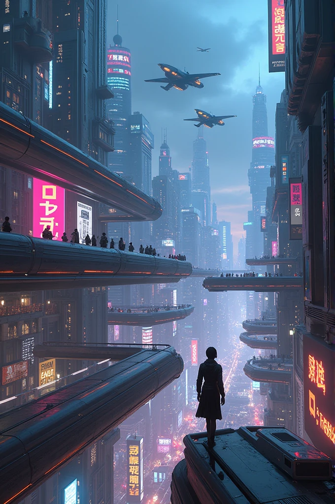 Futuristic Cityscape at Night: "A sprawling futuristic city illuminated by neon lights and holograms, with sleek skyscrapers towering into the night sky. Flying vehicles zip between the buildings, and pedestrians in high-tech attire walk along elevated walkways. The city hums with energy, and the air is filled with the glow of technology."