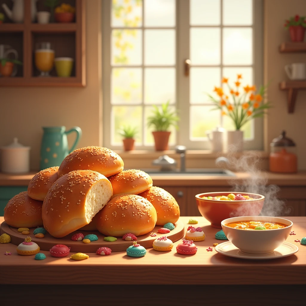 Beautiful kitchen with bread, Disney style candy and hot soup 