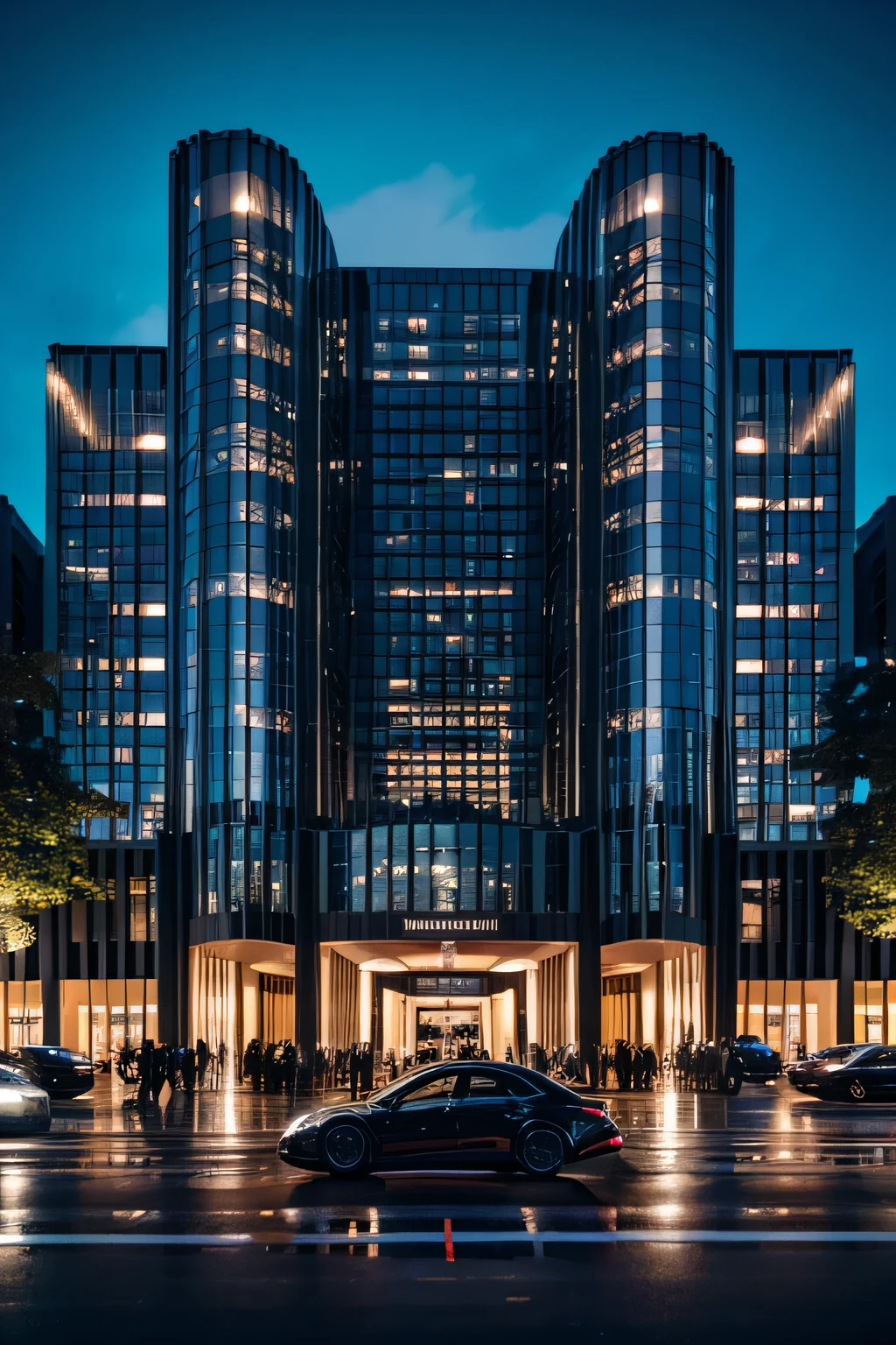 Beautiful luxury very big building with so many lights and beautiful very big building with lots of black expensive big cars standing outside the building and bodyguards
