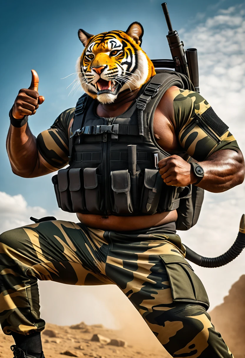 (a dark-skinned muscular fat old man in a bulky army camouflage zipper diver suit) thumbs up pose, carrying an AK-47, (wearing a small-sized realistic roaring tiger mask), dynamic action pose, fierce expression, roaring, showcasing an imposing stature, surrounded by military elements, dramatic shadows and intense highlights, cinematic color tones, high detail, powerful, art influenced by Bruce Onobrakpeya and Stanley Artgerm, ultra-detailed, best quality image, action-packed atmosphere. field background