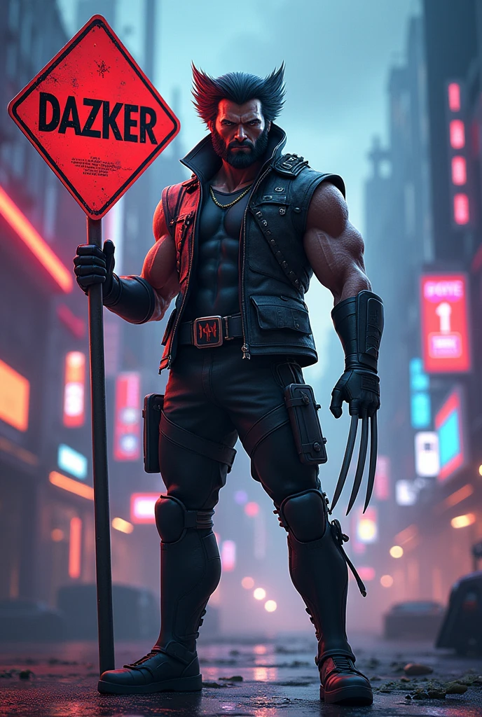 Wolverine gamer wallpaper holding a spiked sign with the word DAZKER