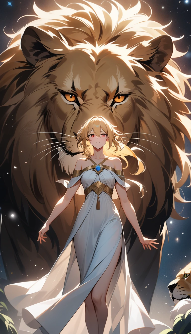 (Huang Li、high quality、Extremely detailed),Constellation - Goddess Leo,Giant lion,Woman petting a lion,Similar to Latin goodness,brave,capricious,Productivity,The face of enterprising and humanitarianism,Blonde hair,Ancient Greek costumes、Wrap Dress,The background is the Milky Way,Crystal red eyes(Eyes Details),Powerful appearance