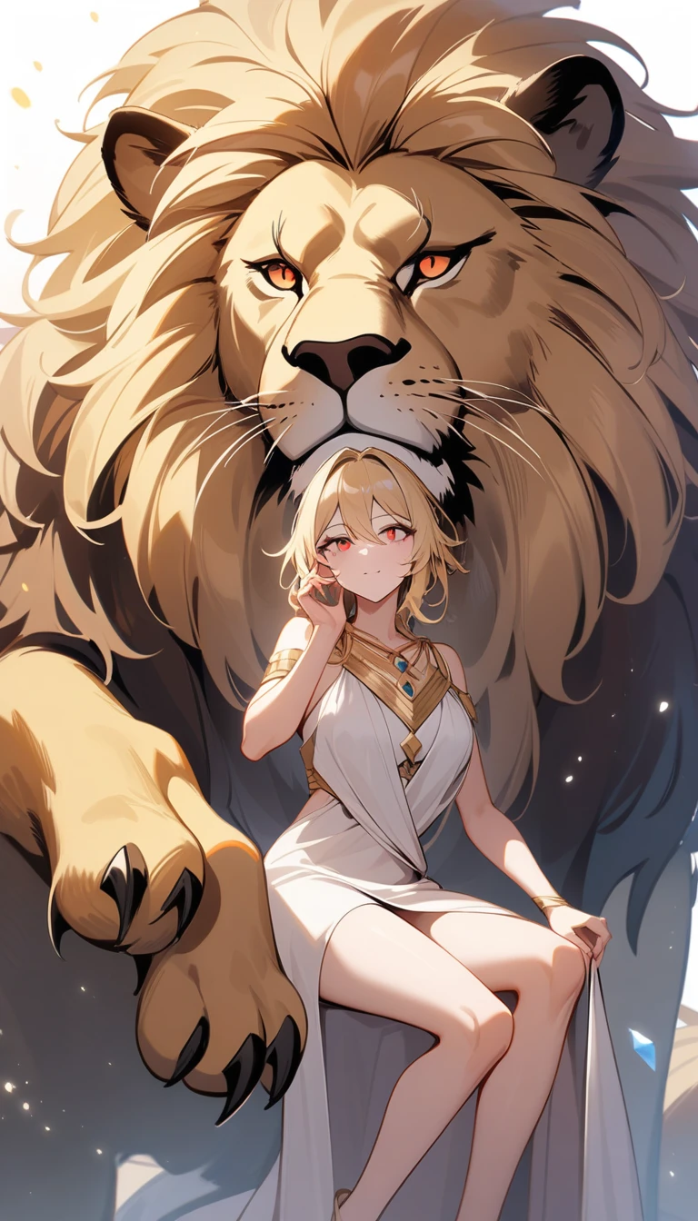 （Huang Li、high quality、Extremely detailed），Constellation - Goddess Leo，Giant lion，Woman petting a lion，Similar to Latin goodness，brave，capricious，Productivity，The face of enterprising and humanitarianism，Blonde Hair，Ancient Greek costumes、Wrap Dress，The background is a nebula，Crystal red eyes（Eyes Details），Powerful appearance