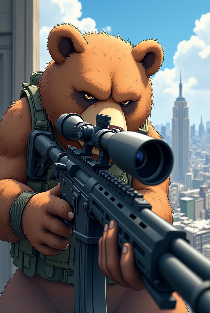 an anthropomorphic brown bear sniper, tactical combat gear, sniper rifle, positioning himself on a vantage point, looking down at his target in the city below, scar across right eye, photorealistic 3d anime illustration, elaborate details