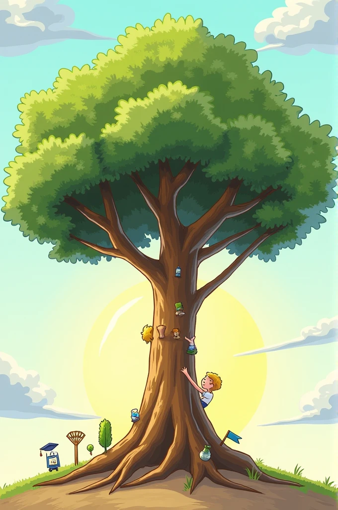 Imagery: Picture a large, robust tree with different branches representing various life stages. The base shows a small seedling, gradually growing into a young sapling, then a mature tree with a full canopy. Along the trunk, there are subtle symbols or icons (like graduation caps, family photos, or career tools) (make the icons visible and clear for better representation and make it like a sketchy cartoon) indicating different milestones.
Setting: The scene is set in a serene environment with the sun rising in the background, symbolizing new beginnings, and gentle clouds representing challenges and support.