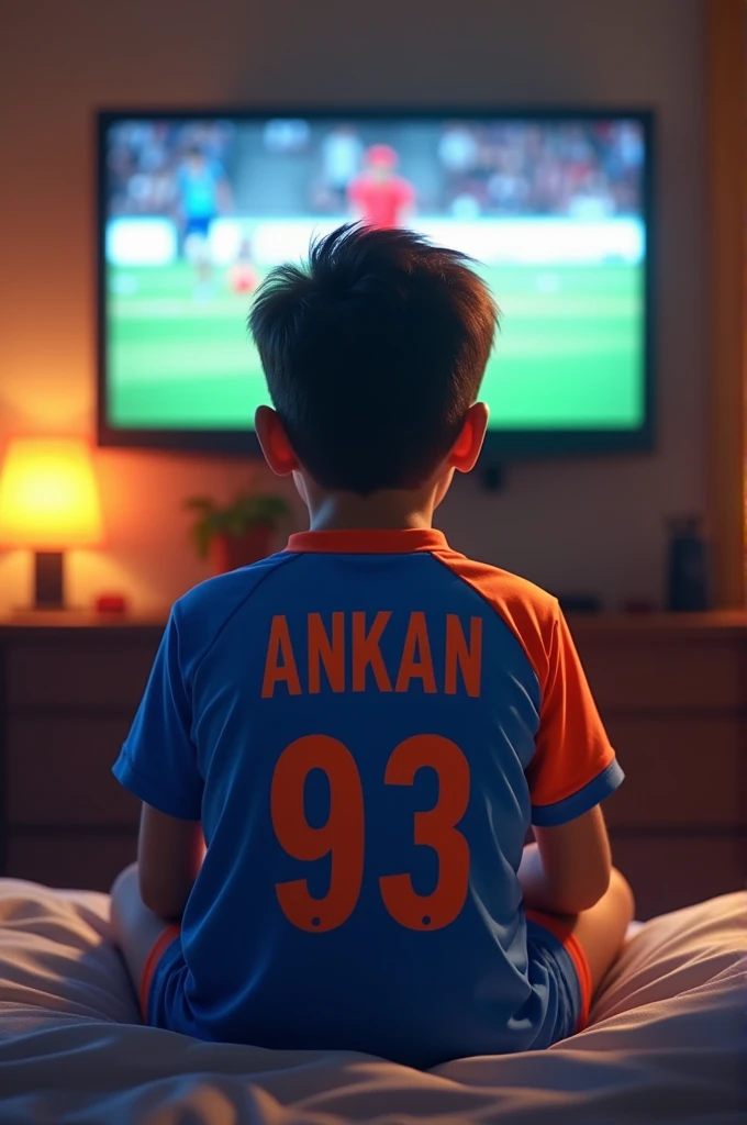 A  boy is siting in his room watch a Indian cricket match on Tv.The boy name is Ankan.The boy is wearing a Indian cricket Jersey.The boy name is written on the back of his  jearsy. jearsy number 93.Full hd quality 