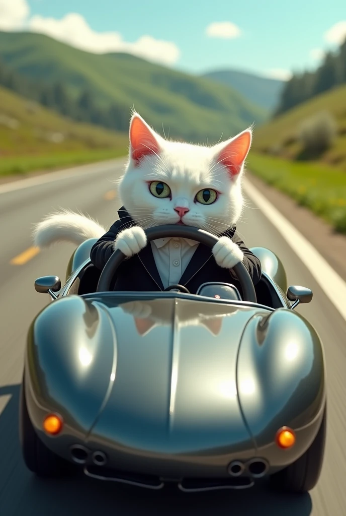 The white cat in suit driveing  spreadly car in the road.