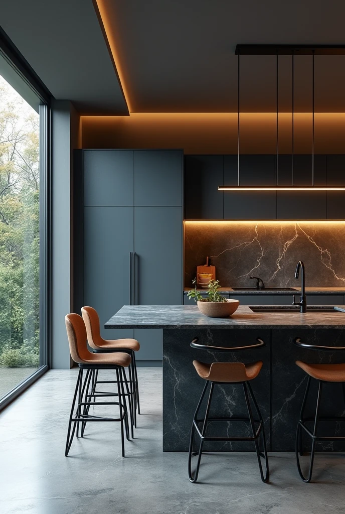 Professional 3d architecture rendering design of modern and minimal kitchen with so dark vintage blue and dark beige cabinets and modern windows and so dark gray marble slab stone island and black modern dark beige chairs and modern ceiling lighting