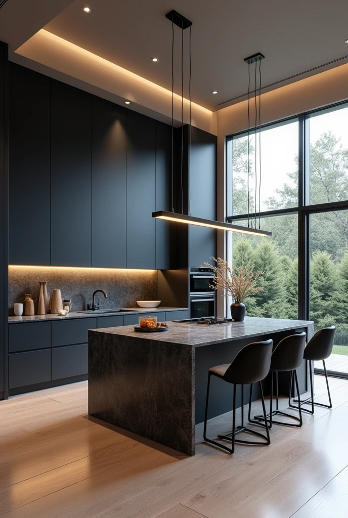 Professional 3d architecture rendering design of modern and minimal kitchen with so dark vintage blue and dark beige cabinets and modern windows and so dark gray marble slab stone island and black modern dark beige chairs and modern ceiling lighting