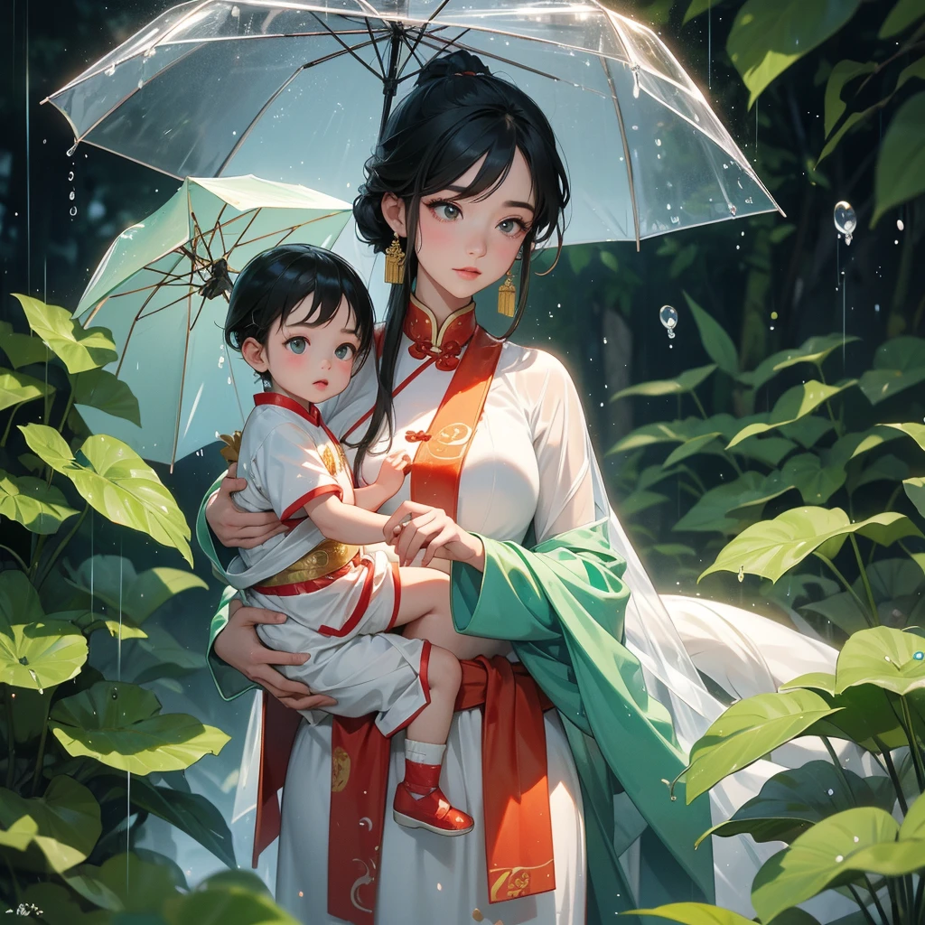 A one-year-old baby boy in an white ancient Chinese baby costume with his beautiful mother, dressed in an ancient Chinese costume, playing with each other, with his handsome father standing next to his mother, close up.
Stand holding an umbrella to protect from the rain. Rain fell and splashed around. There are water droplets falling on the leaves in the surrounding area, green and moist, the atmosphere after rain.