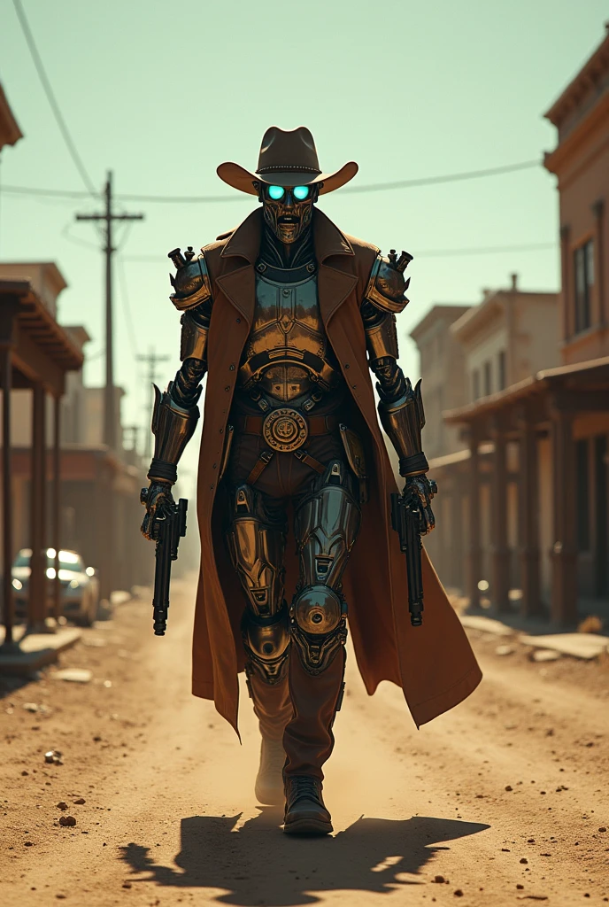 A four armed cowboy cyborg (lit eyes, cowboy hat, leather duster, guns, obviously mechanical. cowboy boots), gunslinger walk down middle of a ghost town, shootout with bandits
, written in movie title style 'Jack Tombstone III' across the top of screen