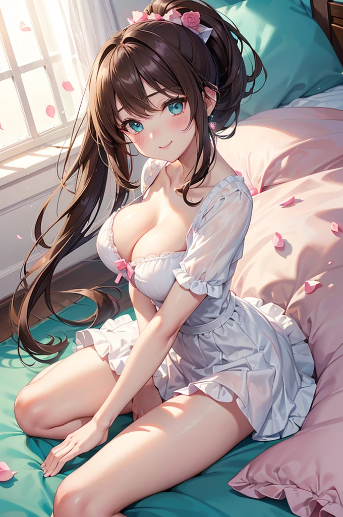 A beautiful girl in a green dress sitting on a bed with rose petals, anime girl,masterpiece, longing, closeup cleavage, Big eyes, KawaTech, kawaii, Cute, Pastel colors, Best Quality, cheerfulness, Deep background, Symmetrical, Head Tilted, 1girl in, lightsmile, Shiny skin, Best Quality, masterpiece, (Game CG:1.4), NSFW, Detailed beautiful face and eyes, bottom shot, turned around, hight resolution, (high detailed face), ((((1girl in)))), ((( Solo ))), delicate and pretty, Perfect face, Beautiful detailed eyes, ((Smile)), earrings, smile, blush, pupils sparkling, Fair skin, Real Human Skin, ((((20 years old )))), (big round breasts)), Baby face, dark brown hair, pink gradient bangs, long bangs, long hair, (((Ponytail))), wavy hair, swept bangs, shiny hair, hairclip, ribbon, hair flower, gymnastic suit, masterpiece, super fine illustration, best quality, light particles, ultra-detailed, 8K wallpaper, (bright colors:1.2), solo, ((a )), big breasts, (brown hair), shiny skin, (wearing pale green and white horizontal striped dress, short sleeve), (frilled miniskirt), (white legwear), ((horizontal striped panty)), (beautiful aqua eyes, shiny eyes, big eyes), affectionate smile, seductive smile, closed mouth, shadowblush cheeks, (naughty room),, panorama, Wide-Angle, f/1.8, 85mm, Nikon, 8k, super detail, UHD, retina, masterpiece, accurate, anatomically correct, textured skin, high details, best quality, highres, pink bed), (pink pillows), (pink curtain), looking back, get d16(own all fours, nsfw, sunlight, high detail, anime, anime style, cinematic lighting, dithering, image fill, framed, pov, perspectivek