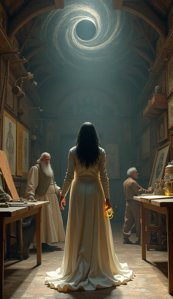 "A captivating scene where Eclipse emerges from a swirling black hole into Leonardo da Vinci’s Renaissance workshop. Eclipse, in her light gray leather suit with a hood partially covering her jet-black hair, holds a glowing golden mechanical key. The workshop is filled with Leonardo's detailed sketches, unfinished paintings, and models of his various inventions, including the flying machine and anatomical studies. Da Vinci himself, dressed in period-appropriate Renaissance attire with a long beard and curious expression, is either observing Eclipse with fascination or engrossed in his work. The black hole serves as a dramatic entry point, creating a stark contrast between the futuristic presence of Eclipse and the richly detailed historical setting of the workshop."